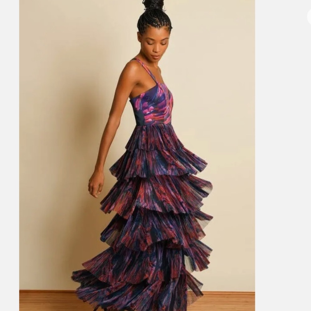 Anthropologie Purple & Pink Tiered Ruffle Maxi Dress